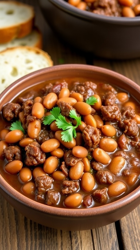 A bowl of baked beans with ground beef, garnished with parsley, served with bread on a wooden table.